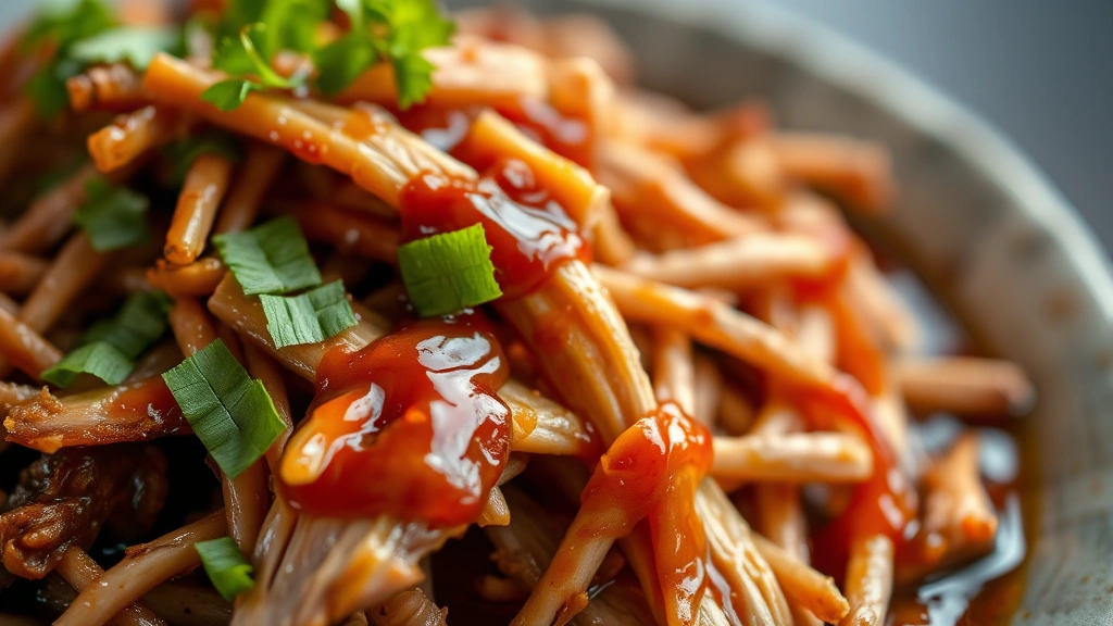 detail: close-up of tender shredded pork with glossy sauce clinging to meat, herb garnish, shallow depth of field, photorealistic, soft natural light, no text