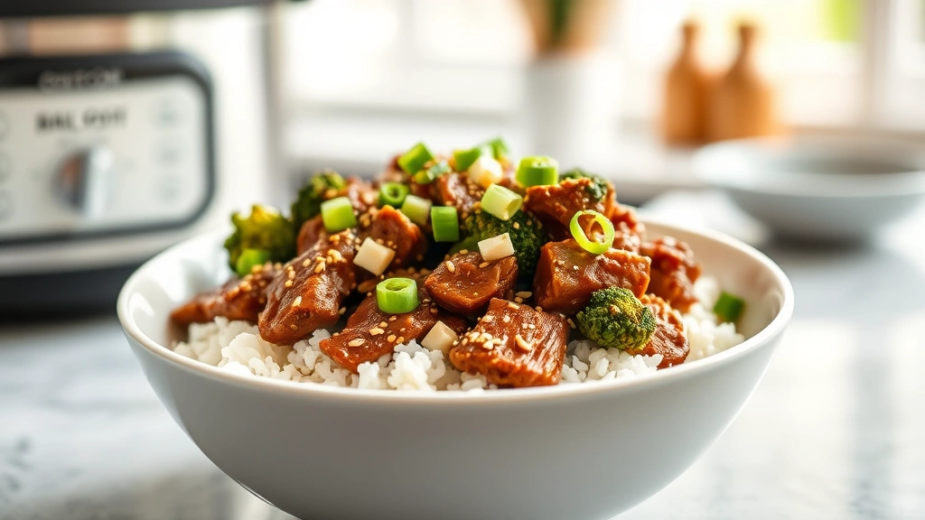 hero: slow cooker beef broccoli dish served over white rice in a white bowl with sesame seeds and green onions on top, photorealistic, natural light, bright kitchen background, no text