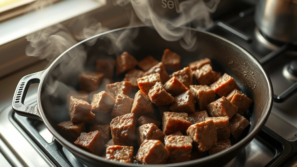 process: browning beef cubes in a cast iron skillet on stovetop with steam rising, photorealistic, warm natural light, no text