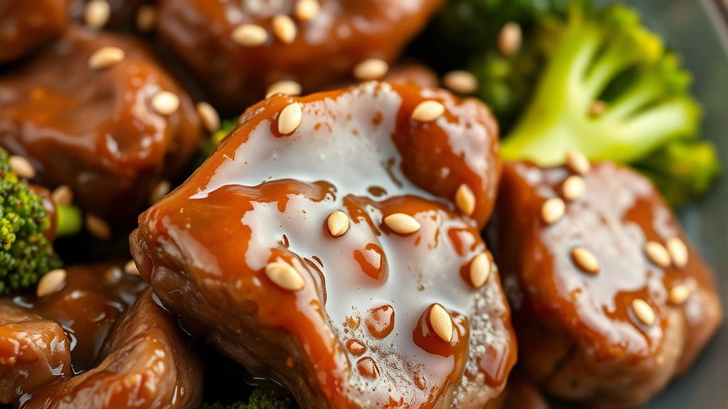 detail: close-up of tender beef chunks coated in glossy sauce with broccoli florets and sesame seeds, macro photography, photorealistic, natural light, no text