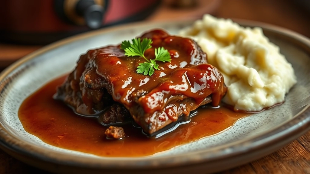 hero: plated slow cooker short ribs with glossy sauce, fresh parsley garnish, creamy mashed potatoes on the side, warm cozy lighting, soft focus background, on rustic ceramic plate