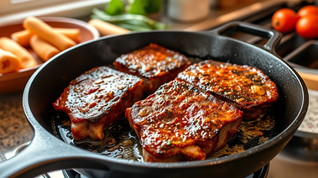 process: searing short ribs in cast iron skillet with golden crust, oil shimmering, vegetables and aromatics in background, kitchen countertop setting, natural window light