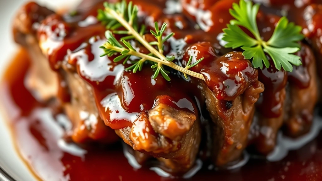 detail: close-up of tender short rib meat pulling away from bone, rich burgundy sauce coating, fresh thyme sprig and parsley garnish, shallow depth of field