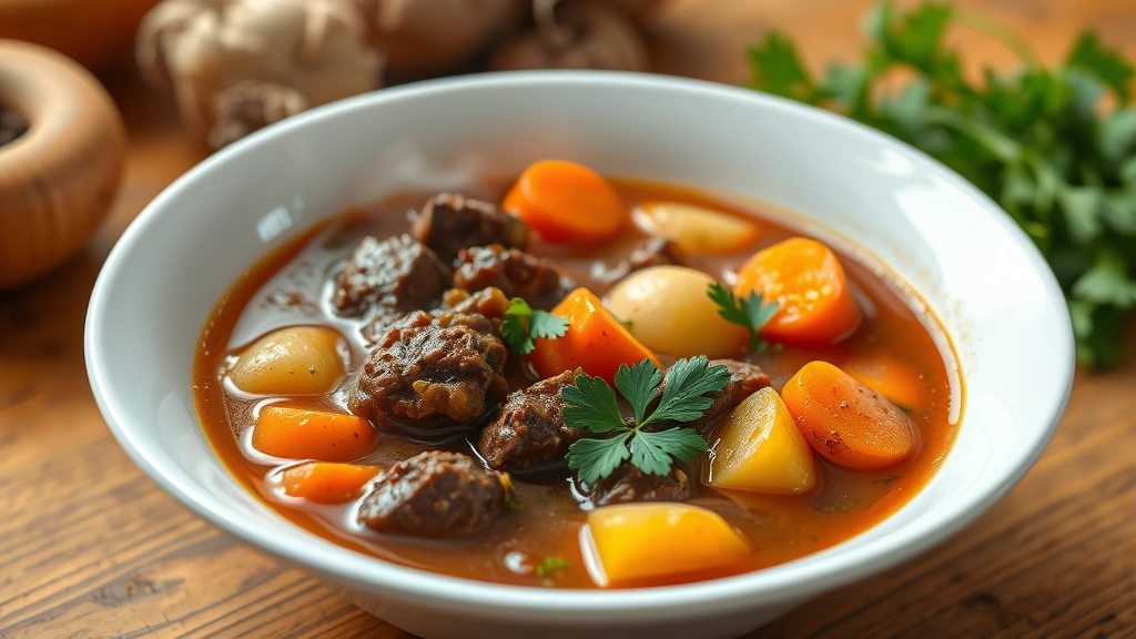 hero: steaming bowl of beef vegetable slow cooker soup with carrots potatoes and fresh parsley garnish, photorealistic, natural warm lighting, white bowl on wooden table, no text