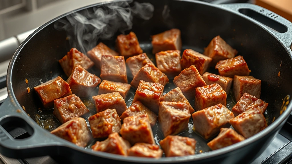 process: browning beef cubes in cast iron skillet with golden crust, photorealistic, natural kitchen lighting, steam rising, no text
