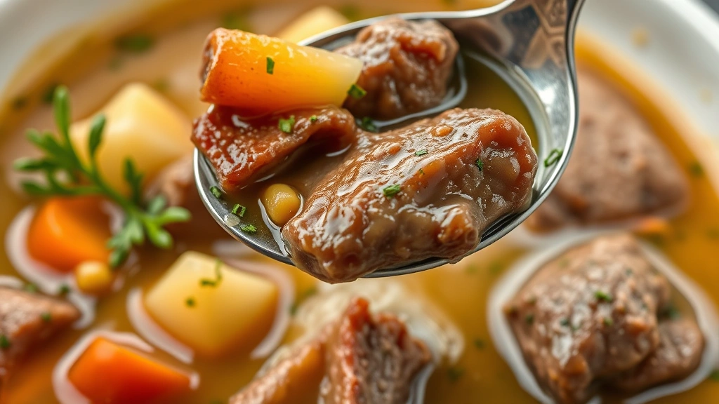 detail: close-up of spoon lifting vegetables and tender beef from creamy broth, photorealistic, macro photography, natural light, no text
