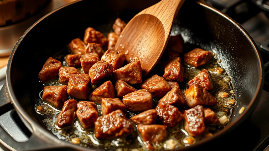 process: cast iron skillet with beef searing, golden brown meat pieces, oil bubbling around edges, wooden spoon scraping pan, warm kitchen lighting, action shot showing cooking technique