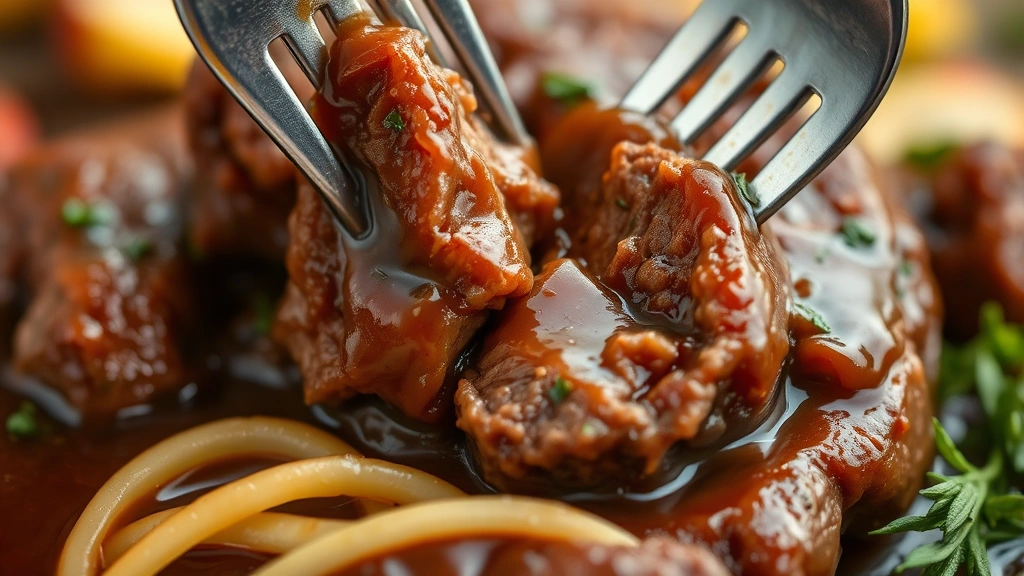 detail: close-up macro shot of tender beef chunk pulling apart with fork, glossy brown sauce coating, soft focus vegetables in background, natural daylight, food styling with fresh herbs nearby