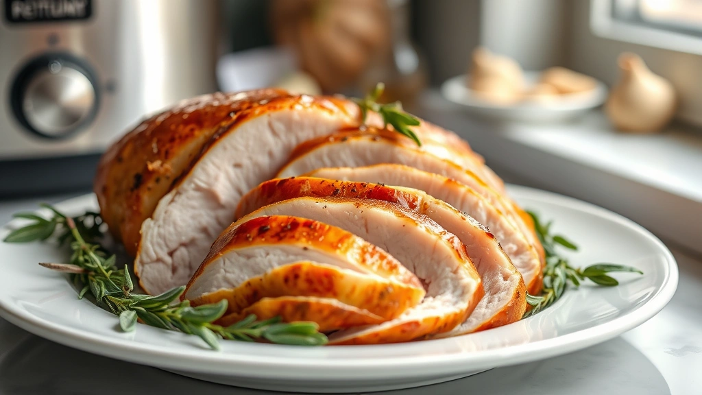 hero: perfectly sliced slow cooker turkey breast on white platter with fresh sage and thyme garnish, golden brown skin, natural kitchen window light, shallow depth of field, appetizing steam rising