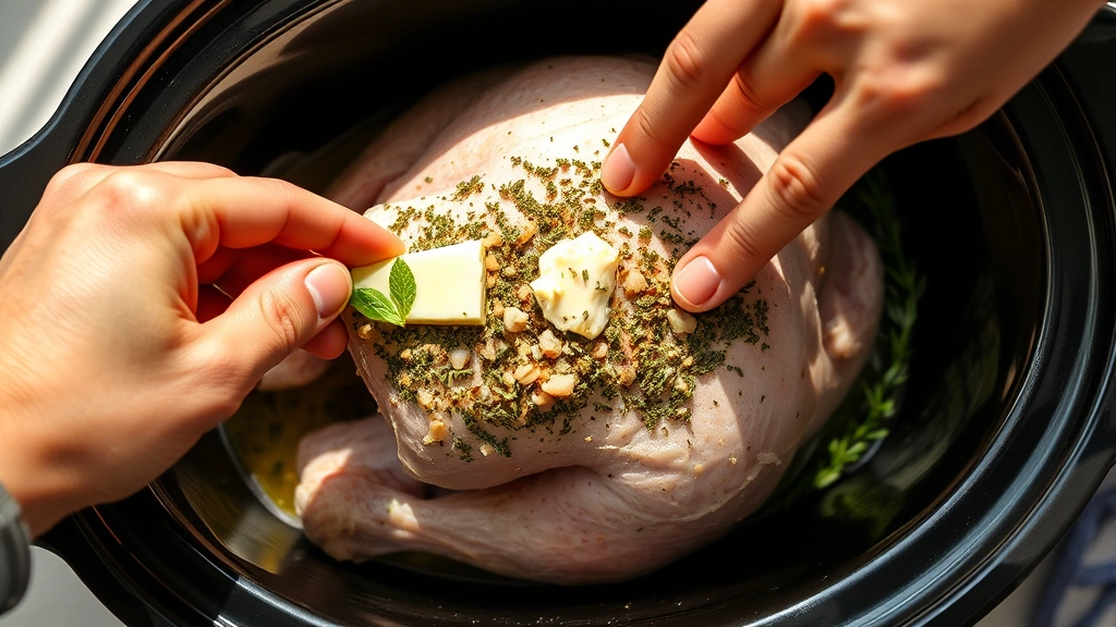 process: hands spreading herb butter under turkey skin in slow cooker, fresh herbs visible, bright natural light from above, close-up angle showing technique detail