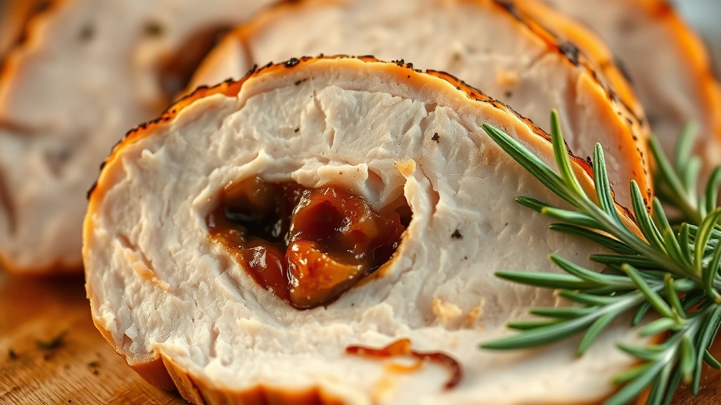 detail: cross-section of sliced turkey breast showing juicy interior and herb-infused meat, fresh rosemary sprig beside slice, warm golden lighting, macro photography style