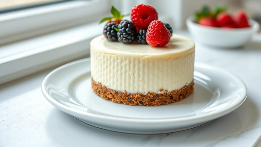 hero: small creamy cheesecake with graham cracker crust on white plate, fresh berries on top, photorealistic, natural window light, no text