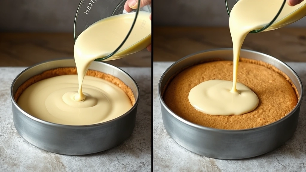process: pouring smooth cheesecake batter into springform pan with baked crust, photorealistic, natural light, no text
