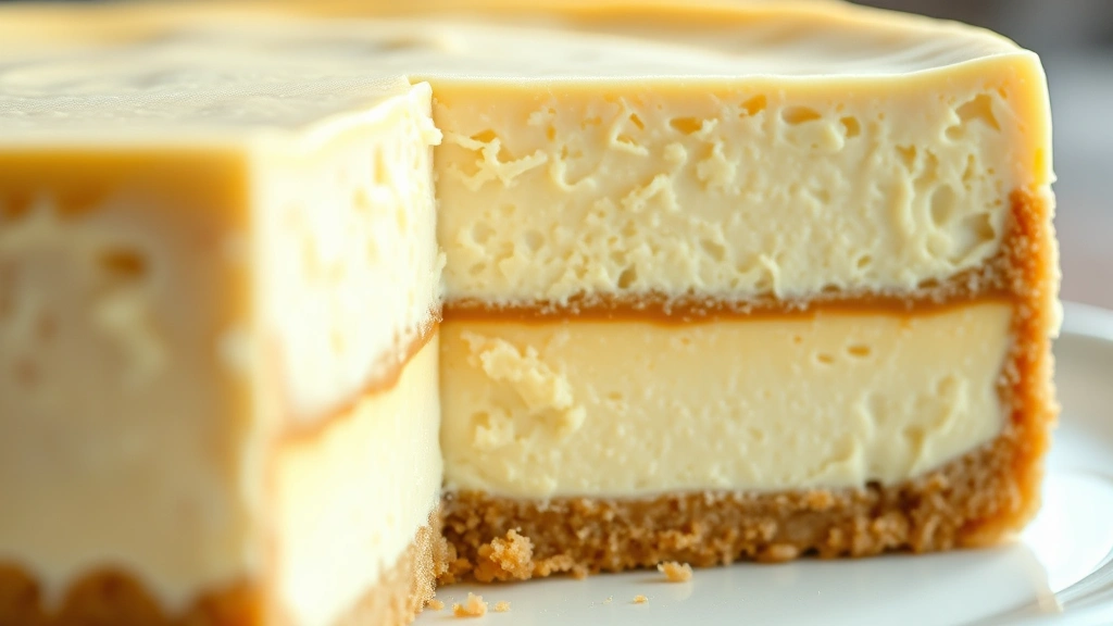 detail: close-up cross-section of creamy cheesecake showing layers of crust and filling, photorealistic, natural light, no text