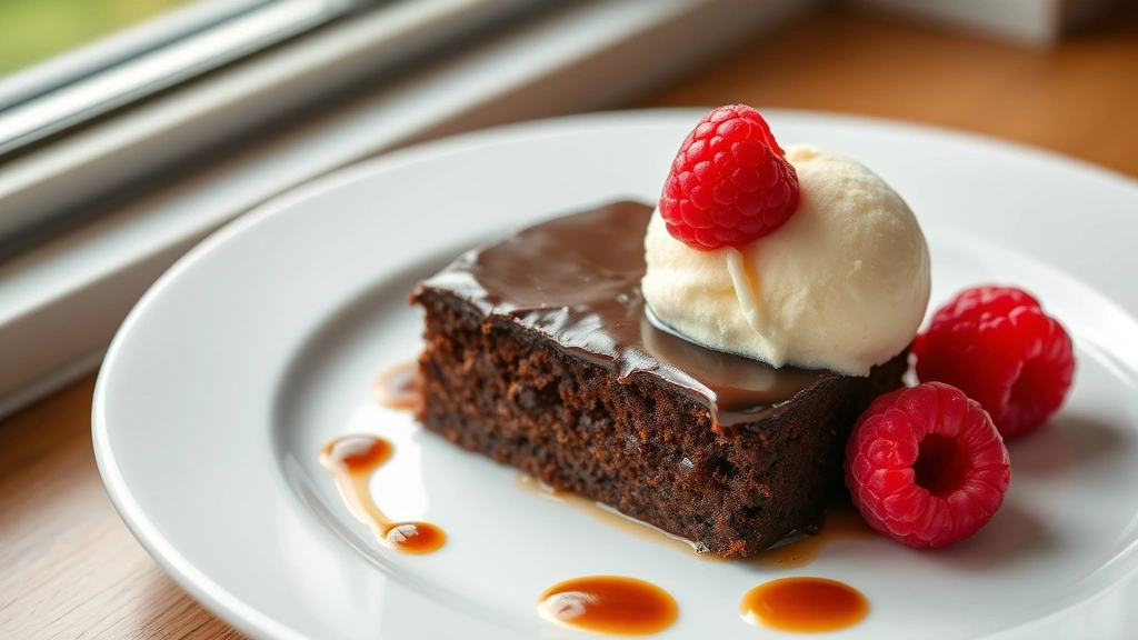 hero: small chocolate cake with rich dark brown color, glossy surface, served on white plate with vanilla ice cream scoop and fresh raspberries, photorealistic, natural window light, professional food photography