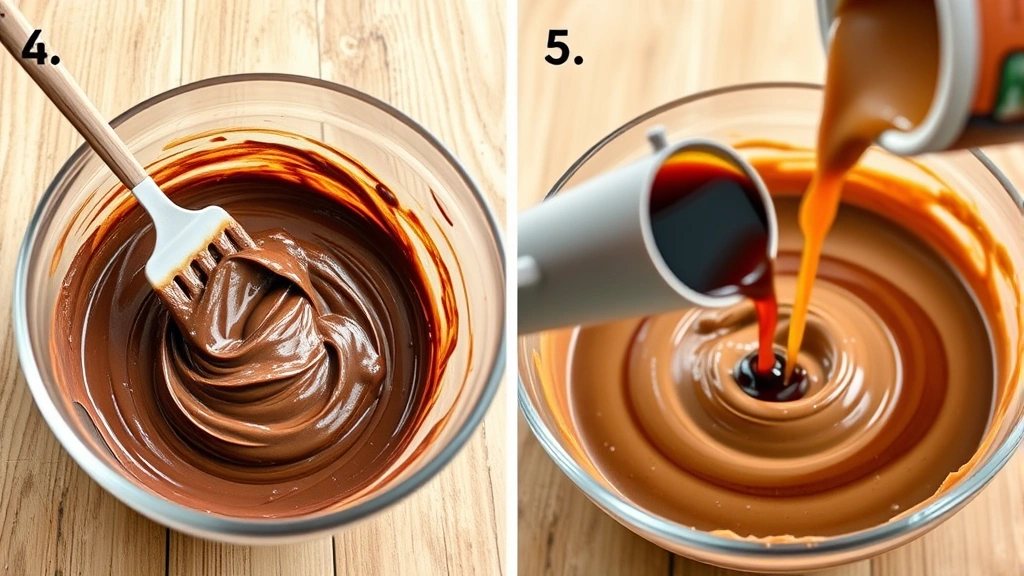 process: chocolate batter being folded in bowl with spatula, hot coffee being poured into batter, photorealistic, warm kitchen lighting, no text