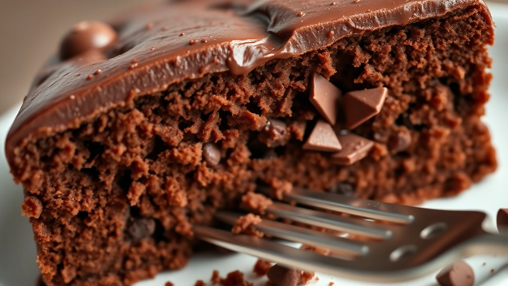 detail: close-up cross-section of chocolate cake showing moist tender crumb and chocolate pieces, fork in foreground, photorealistic, natural light, shallow depth of field
