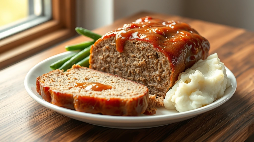 hero: sliced small meatloaf with caramelized brown sugar glaze on a white plate with mashed potatoes and green beans, photorealistic, natural window light, no text