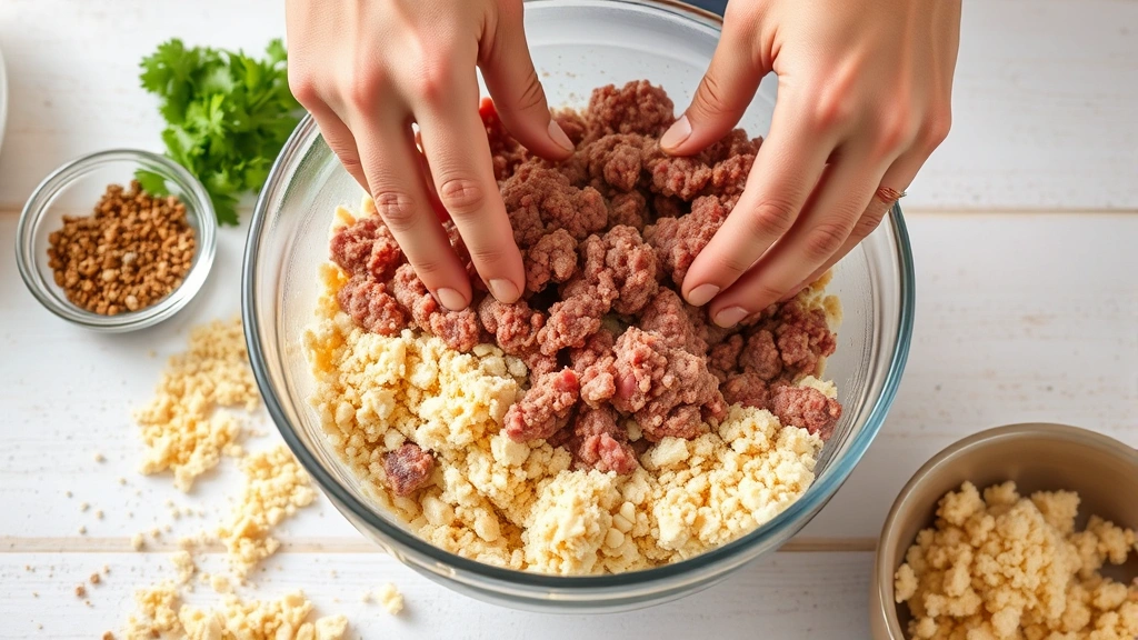 process: hands mixing ground meat and breadcrumbs in a large bowl with raw ingredients scattered around, photorealistic, natural kitchen light, no text