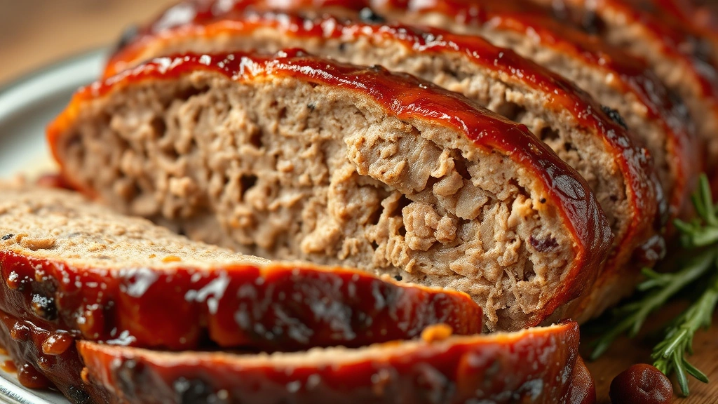 detail: close-up of perfectly sliced meatloaf showing moist interior and caramelized glazed exterior, photorealistic, natural light, no text