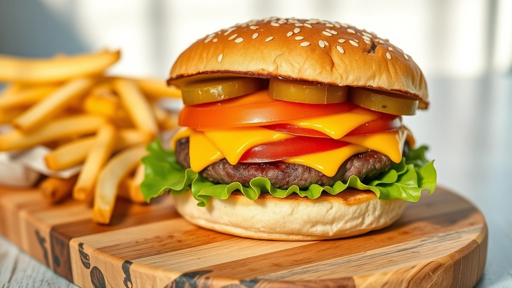 hero: perfectly cooked smash burger on toasted bun with melted cheese, tomato, lettuce, and pickles on a wooden board, photorealistic, natural daylight streaming across the scene, no text
