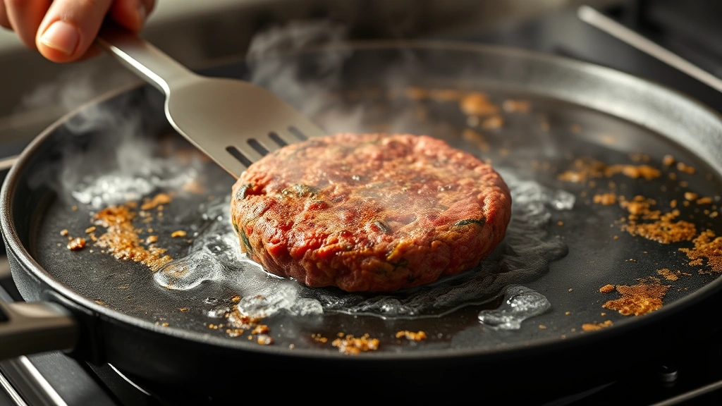 process: hand using metal spatula to firmly press beef patty onto screaming hot Blackstone griddle with visible steam, golden crust forming around edges, photorealistic, natural light from above, no text