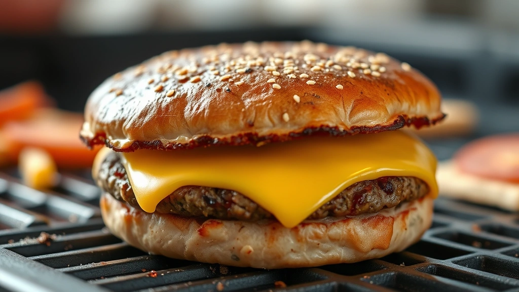 detail: close-up of crispy, lacy brown edges of smash burger patty with melted American cheese on hot griddle, photorealistic, shallow depth of field, natural light, no text