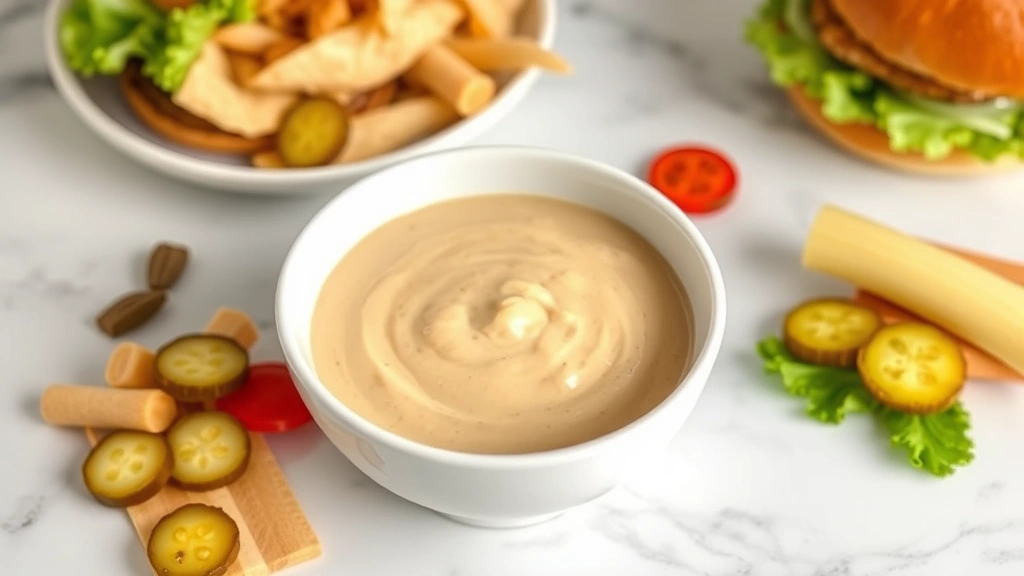 hero: creamy smash burger sauce in a white bowl with pickles and burger ingredients on a white marble counter, photorealistic, natural light, no text