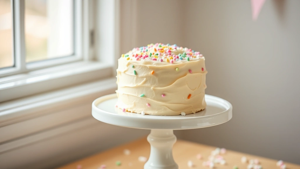 hero: adorable small 4-inch vanilla smash cake with soft frosting and pastel sprinkles on white cake stand, natural window light, first birthday aesthetic