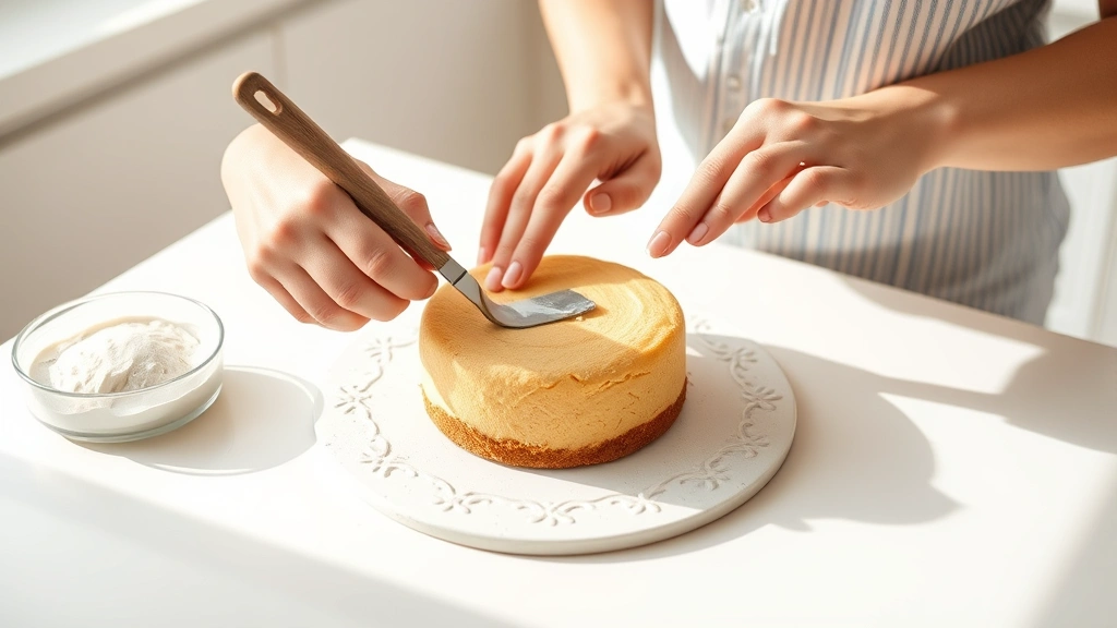process: parent's hands frosting a small round cake with spatula, white kitchen counter, bright natural daylight, baking scene