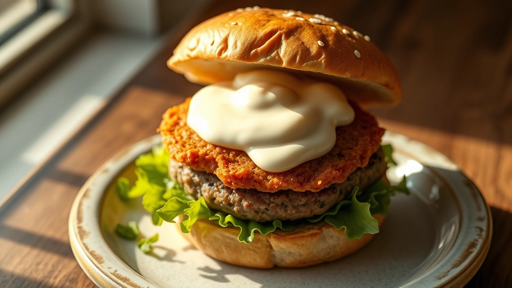 hero: perfectly plated smashburger with golden crispy edges topped with creamy sauce on toasted bun, photorealistic, natural daylight streaming from left, overhead angle, no text or watermarks