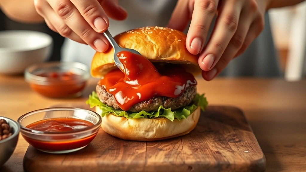 process: hands spreading homemade smashburger sauce on toasted brioche bun with small spatula, sauce bowl visible, photorealistic, warm kitchen lighting, no text or watermarks