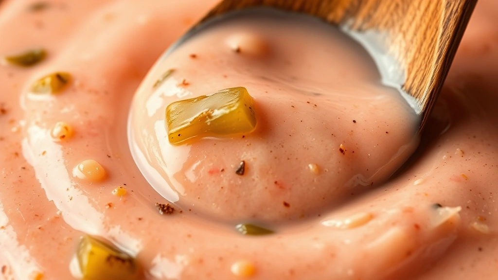 detail: close-up macro shot of creamy pink smashburger sauce with visible pickle relish pieces and flecks of spice, dripping slightly off wooden spoon, photorealistic, bright natural light, no text or watermarks