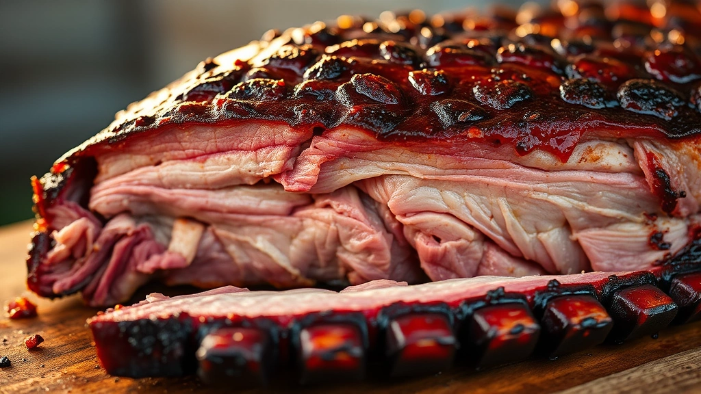hero: perfectly smoked ribs with pink smoke ring and caramelized bark, glistening with glaze, sliced to show tender meat, photorealistic, golden hour lighting, shallow depth of field, no text