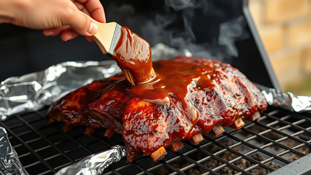 process: ribs being brushed with mop sauce during smoking, aluminum foil wrapping, smoker in background with visible smoke, photorealistic, warm natural light, no text