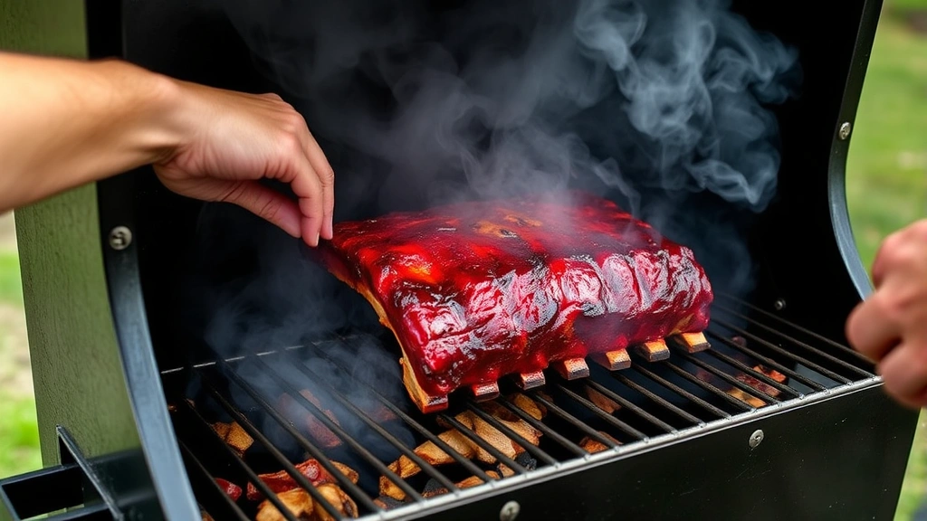 process: ribs being placed on a smoker grate with billowing smoke, 225 degree environment, hickory wood smoke visible, action shot showing pit master technique, natural outdoor lighting, no text