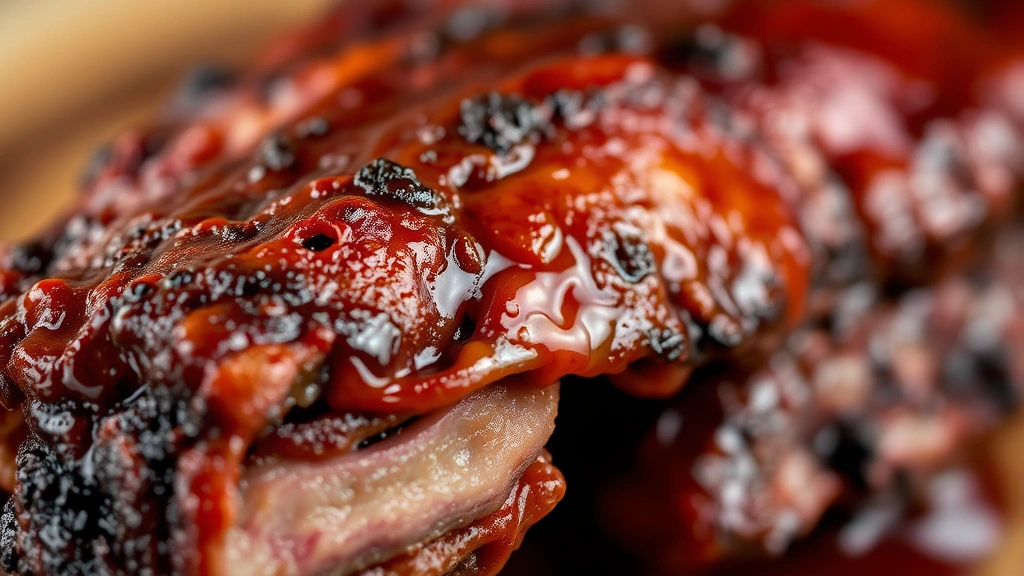 detail: close-up macro shot of smoked rib bone with meat pulling back, caramelized sauce texture, smoke ring visible, shallow depth of field, natural warm lighting, no text