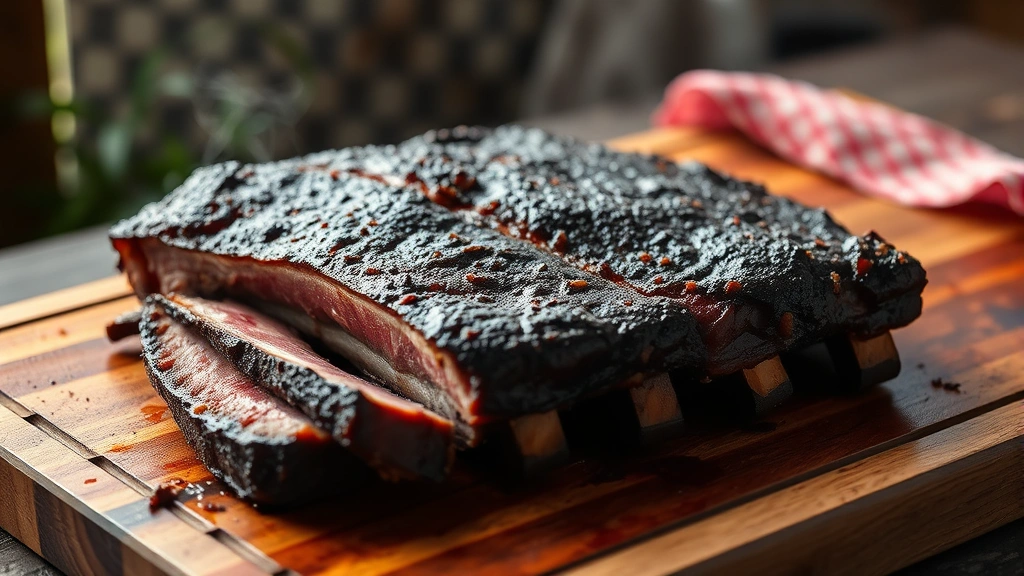 hero: perfectly smoked beef short ribs with beautiful dark bark, glistening with smoke ring, sliced between bones on wooden cutting board, rustic BBQ setting, warm natural light, steam rising, no text