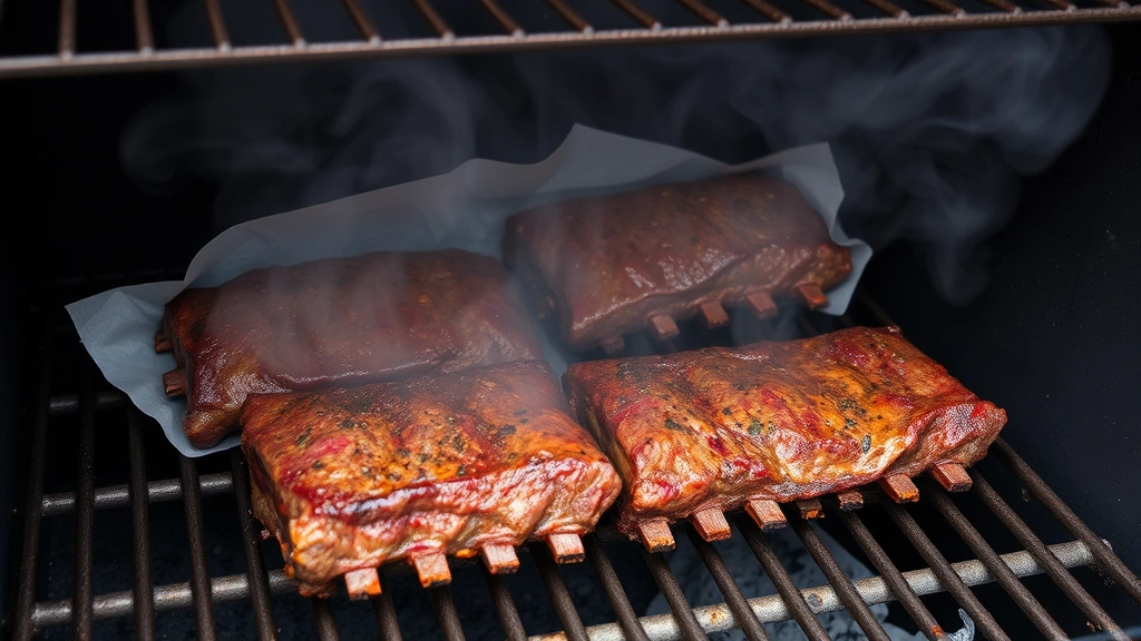 process: beef short ribs on smoking grates inside smoker at 225 degrees, smoke billowing, meat wrapped in butcher paper mid-cook, thermometer visible, natural daylight, no text