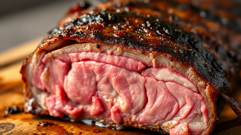 detail: close-up cross section of sliced smoked beef short rib showing pink smoke ring and tender meat texture, glistening with juices, shallow depth of field, natural light, no text