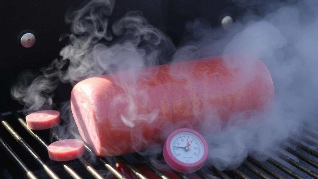 process: whole bologna on smoker grates with smoke wisping around it, thermometer visible, natural daylight, no text, outdoor cooking scene