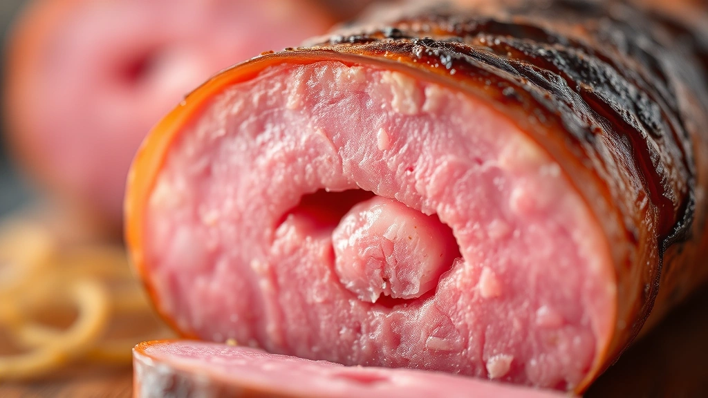 detail: close-up cross-section of smoked bologna showing pink interior with smoke ring, macro photography, warm natural light, no text