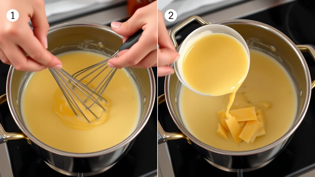 process: hands whisking cheese sauce in saucepan with milk and cream, melted smoked cheese visible, stovetop setting, natural light, photorealistic, no text