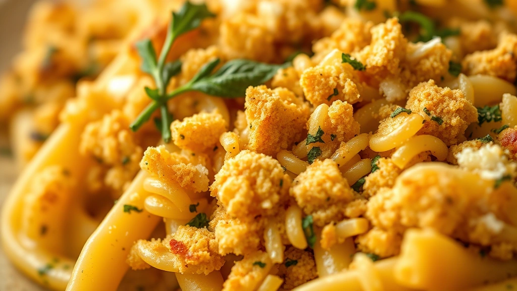 detail: close-up of golden crispy breadcrumb topping with melted butter and fresh herbs, showing texture of pasta underneath, shallow depth of field, photorealistic, no text