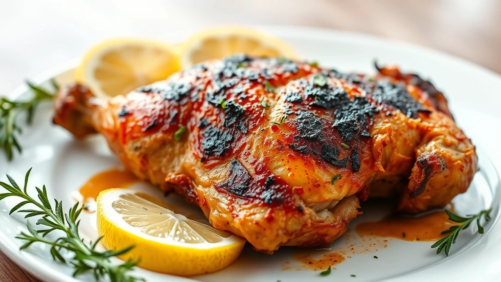 hero: golden-brown smoked chicken breast with mahogany bark, glistening skin, steam rising, served on white plate with lemon wedges and fresh herbs, photorealistic, natural daylight, no text