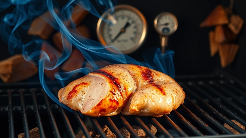 process: chicken breast on smoker grates with thin blue smoke curling around it, wood chips smoldering in background, thermometer visible, photorealistic, warm golden lighting, no text