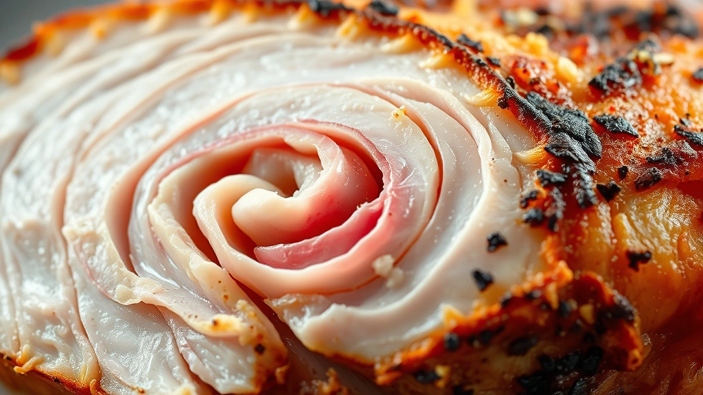 detail: close-up cross-section of smoked chicken breast showing pink smoke ring, tender white meat, crispy skin with seasoning crust, photorealistic, macro photography style, natural light, no text