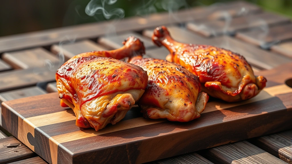 hero: golden-brown smoked chicken thighs on a wooden cutting board with smoke wisping around them, photorealistic, natural outdoor lighting, no text