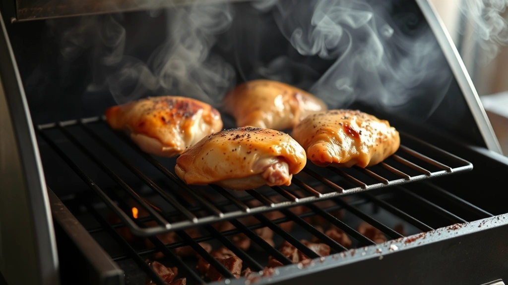 process: chicken thighs being placed onto a smoker rack with smoke billowing, photorealistic, natural lighting, no text