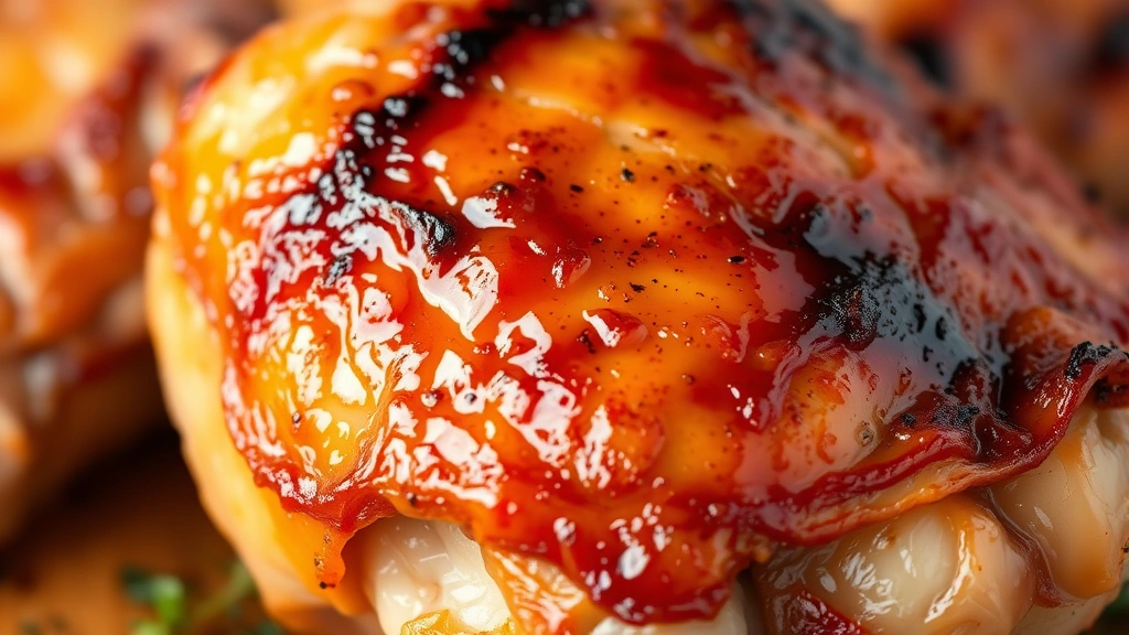 detail: close-up of perfectly smoked chicken thigh with crispy skin and smoke ring, photorealistic, natural lighting, no text
